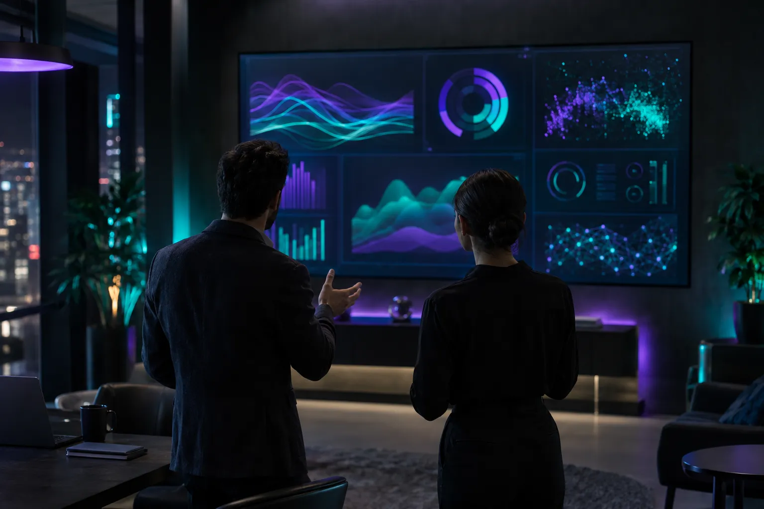 Dos personas de espaldas conversando frente a una pantalla mural con tableros de datos abstractos en una oficina de noche