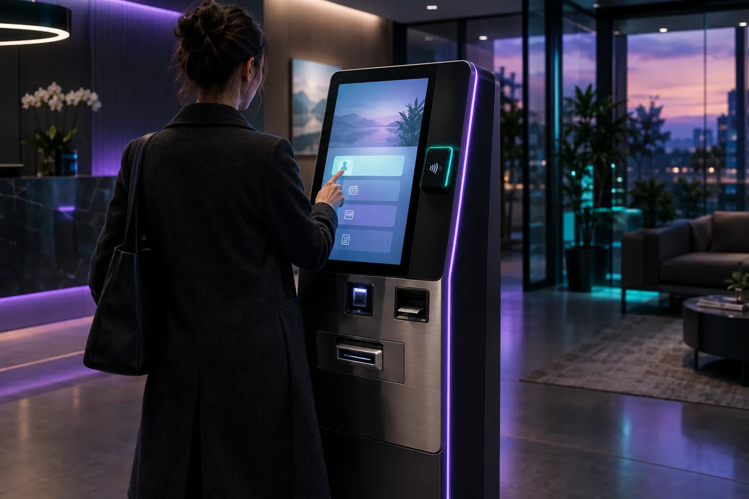Persona de espaldas usando un kiosco de autoatención con pantalla vertical, lector de tarjetas y aceptador de efectivo en el lobby de una clínica moderna