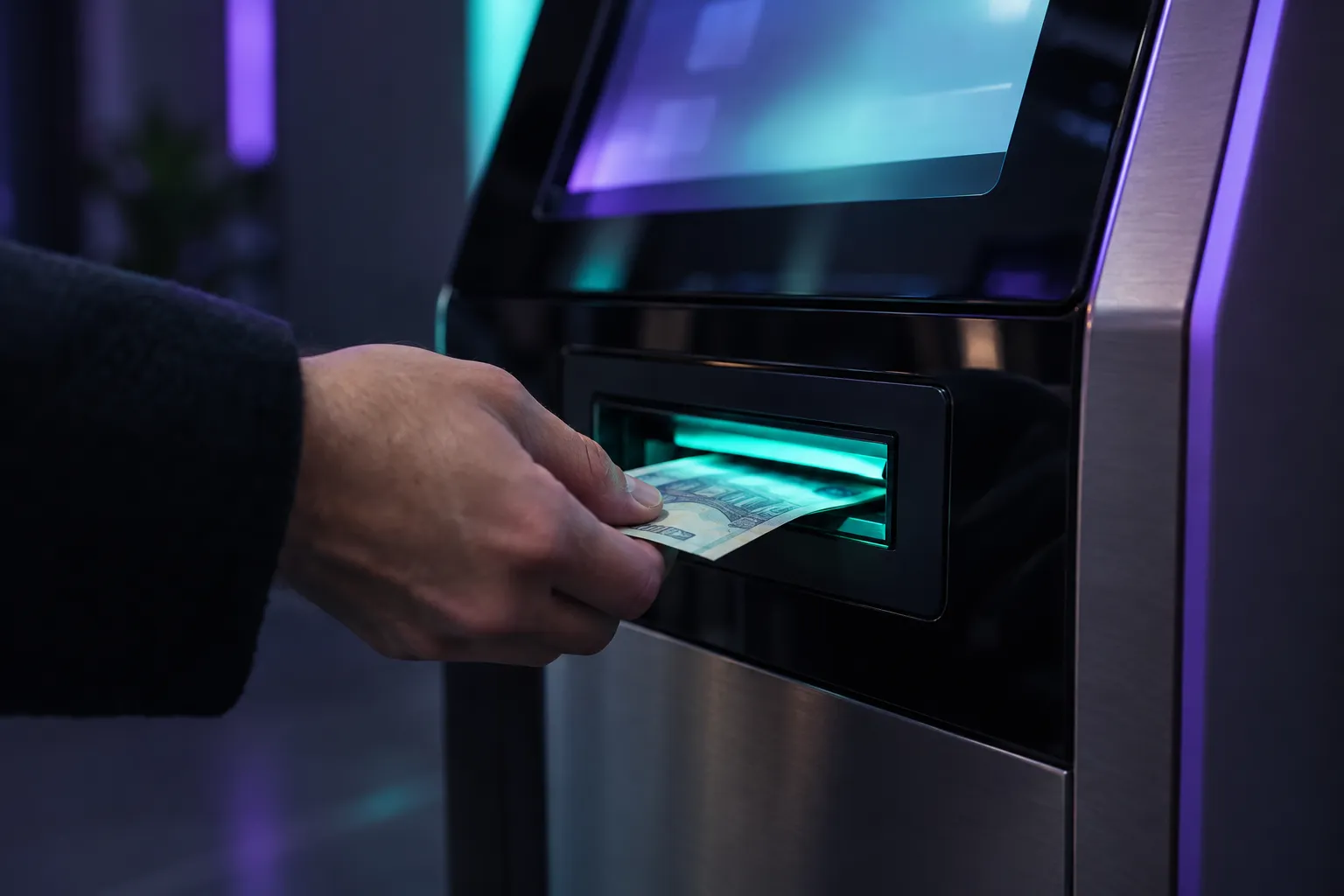 Mano insertando un billete en la ranura iluminada del aceptador de efectivo de un kiosco de pagos