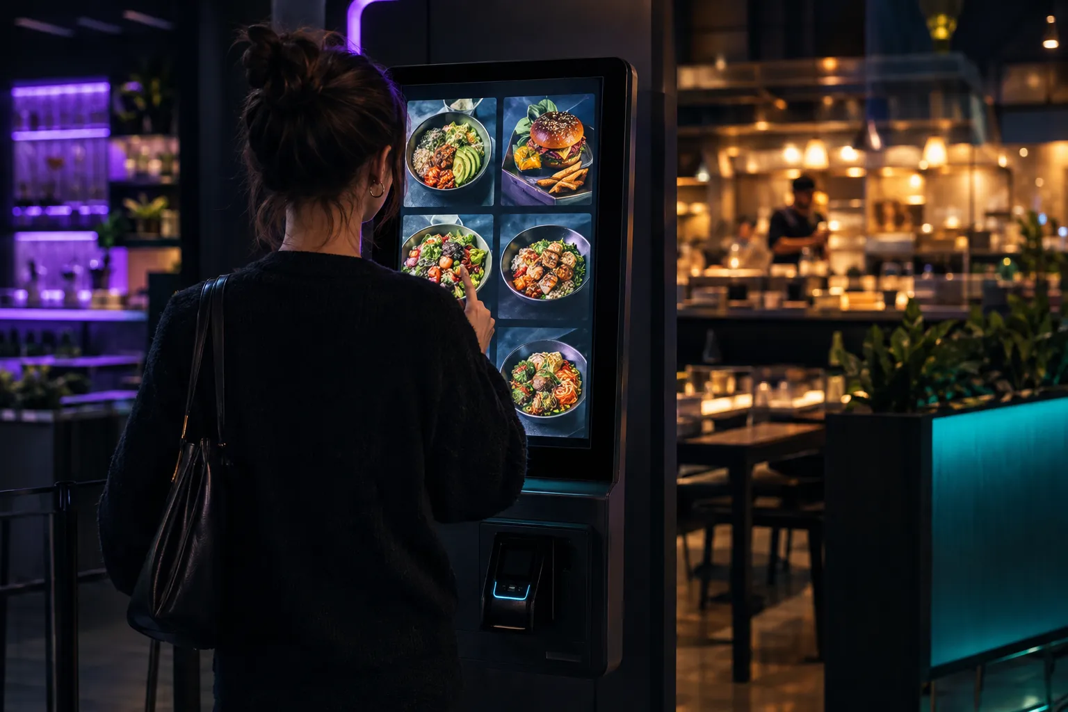 Cliente de espaldas eligiendo su pedido en un kiosco de autoservicio con fotos de comida en un restaurante moderno