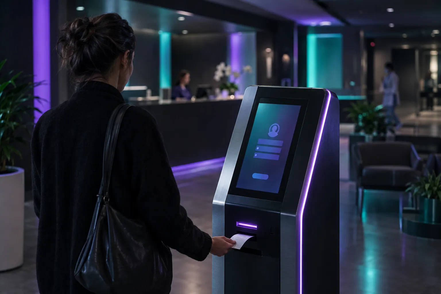 Paciente de espaldas usando un kiosco de admisión en el lobby de un hospital moderno mientras el kiosco imprime su turno