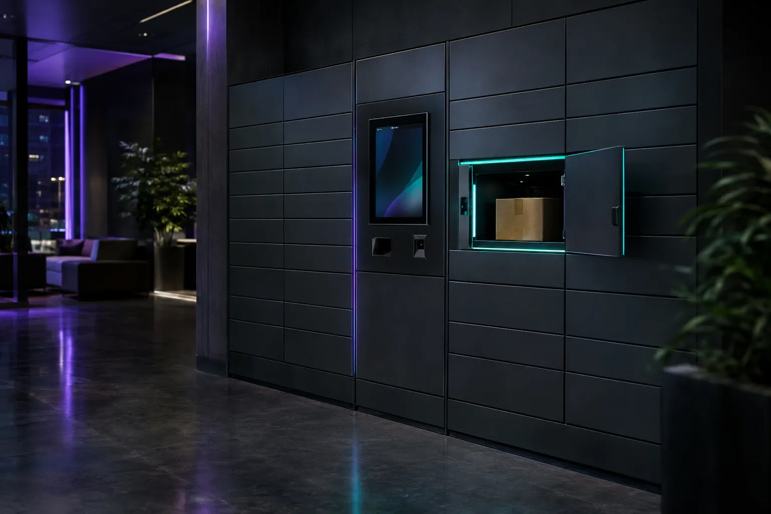 Pared de lockers inteligentes con una pantalla táctil central y un casillero abierto con un paquete