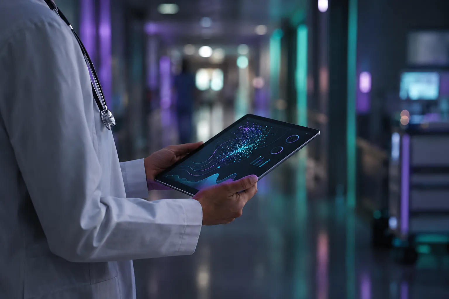 Profesional de la salud de perfil sosteniendo una tableta con una visualización de datos abstracta en el pasillo de un hospital moderno