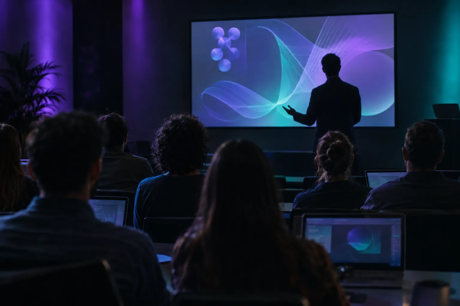 Taller corporativo con un presentador en silueta junto a una pantalla con diagramas y participantes de espaldas con portátiles