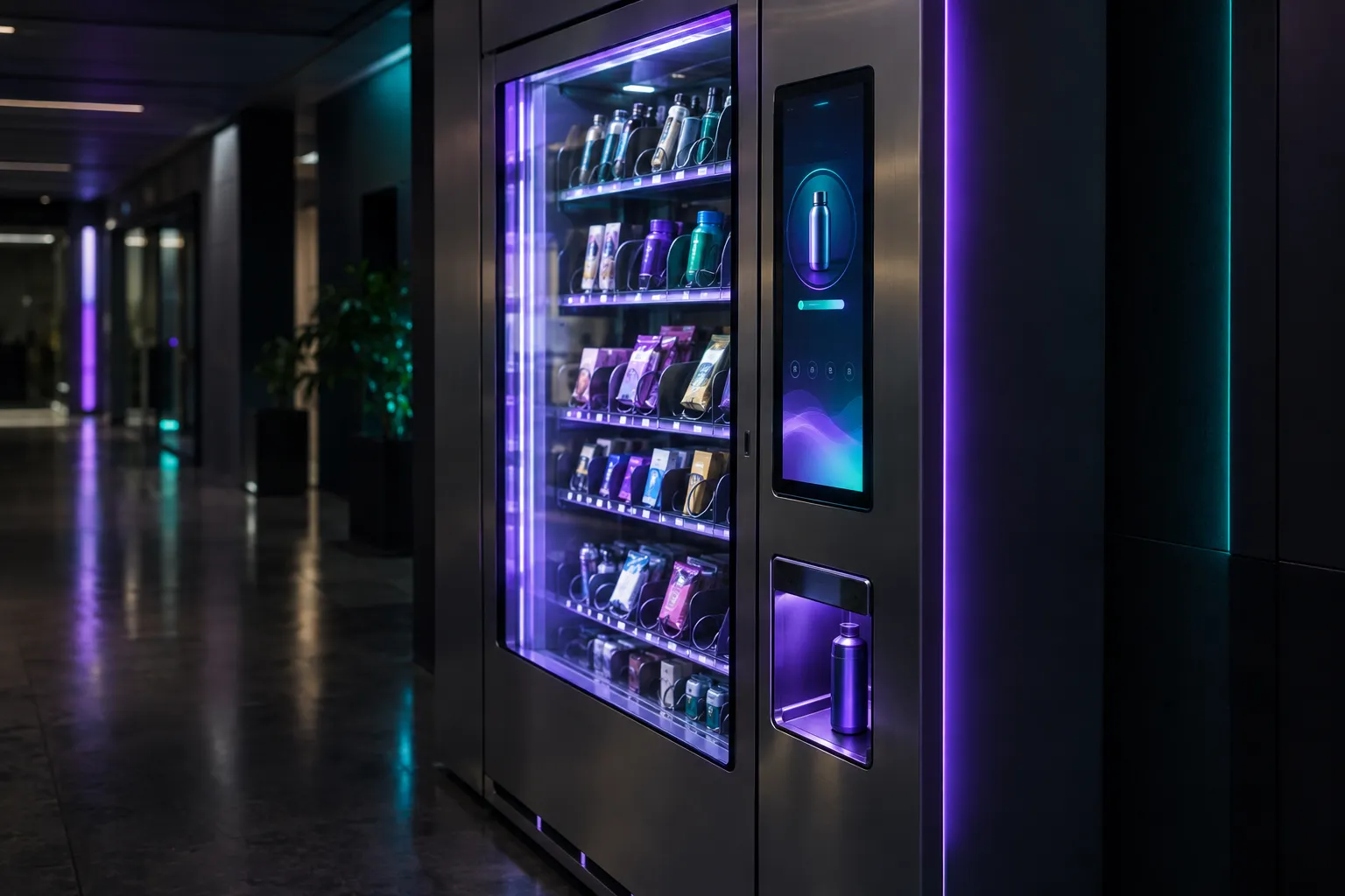 Máquina de vending inteligente con pantalla táctil integrada dispensando un producto en la bandeja